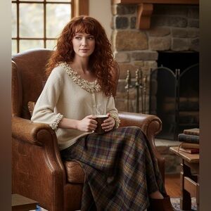 Coldwater Creek Neutral Crochet Trim Pearlized Button Cardigan Size M